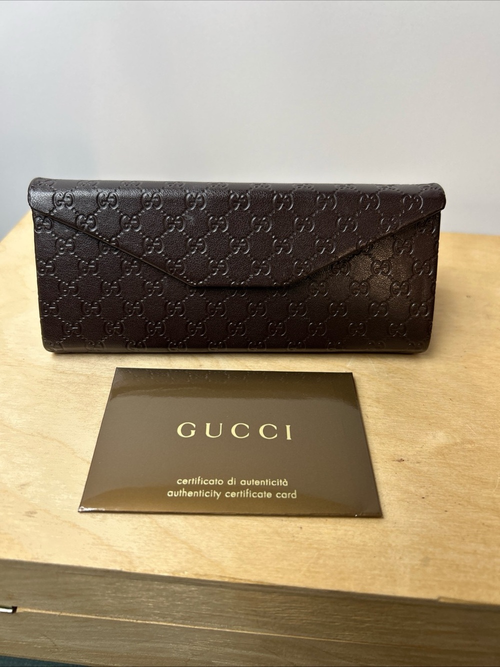 Genuine Gucci Eyeglasses Sunglasses Case Folding Triangle Hard Brown GG Logo